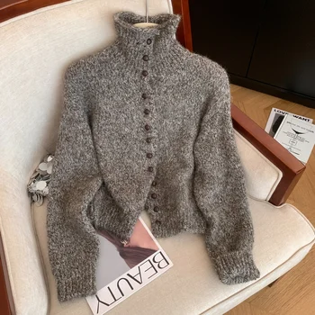 Cardigan à col roulé pour femme, pull Vintage Y2k des années 2000, tricot à manches longues, coréen, doux et confortable, automne hiver 2025