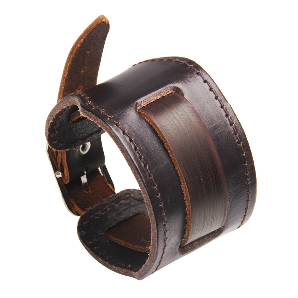Classic Fashion Men's Wide Leather Bracelet Brown Wide Cuff Bracelet