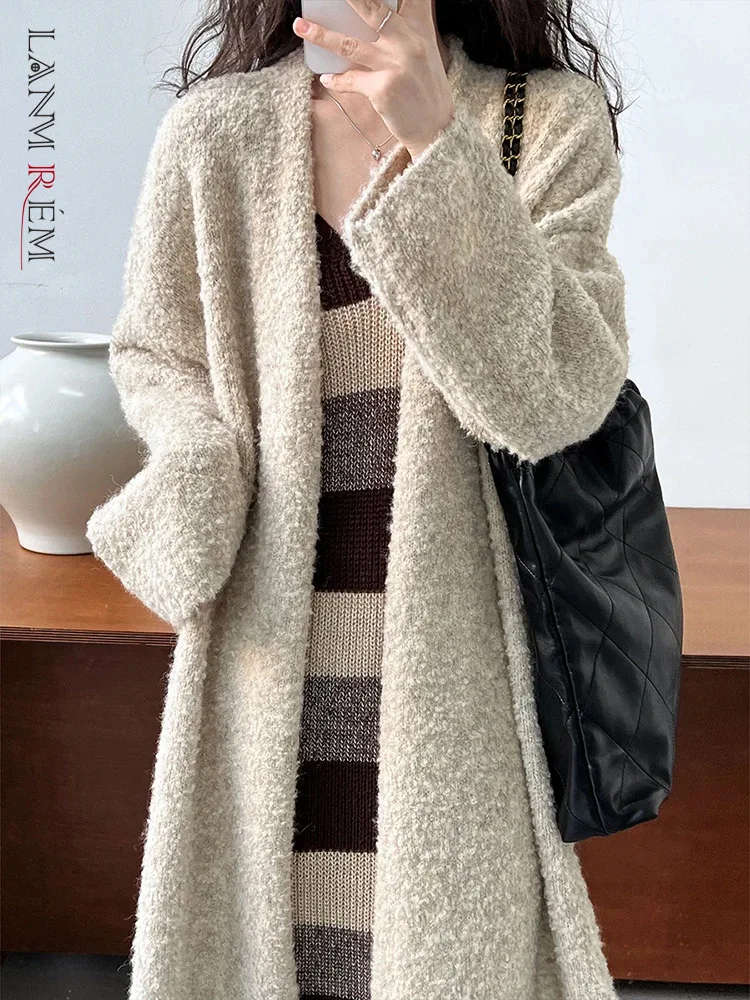 

[LANMREM] Minimalism Knitting Sweater Coats For Women Long Sleeve Cardigan Loose Female Outwear Warm Fashion 2023 Winter New