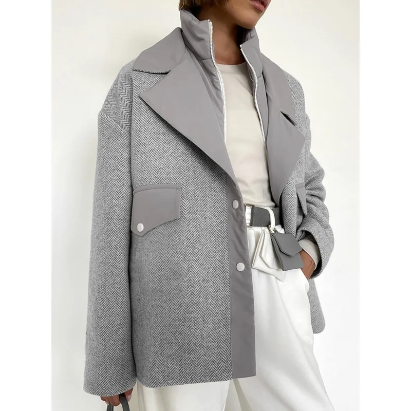 Gray Stand-up Collar Warm Suit Design Woolen Coat 2024 New Spring Fashion Commuter Female Fengsb