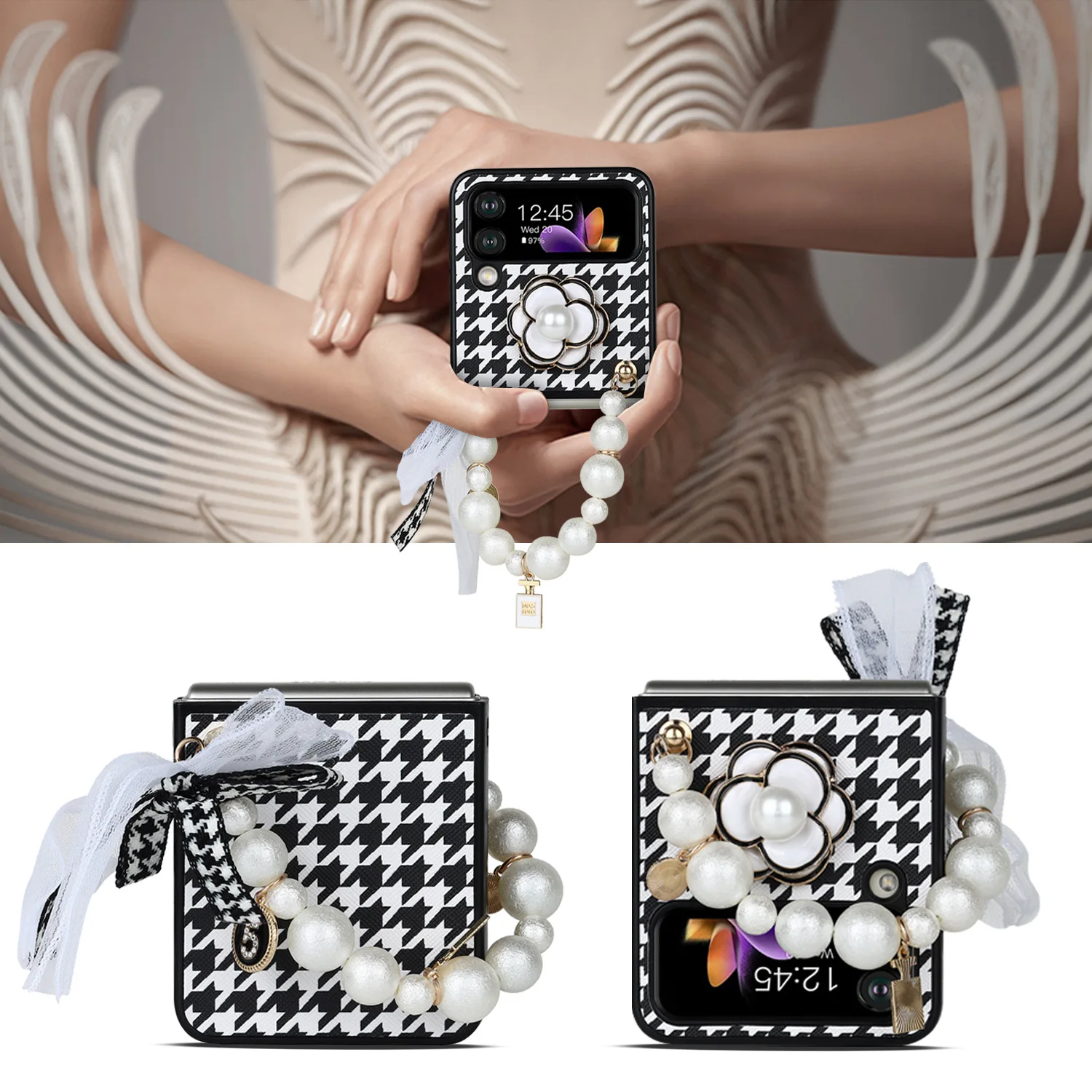 

Camellia Pearl Bracelet Case for Samsung Galaxy Z Flip 4 3 5G Houndstooth Leather Phone Cover Anti-knock Cases for p50 pocket