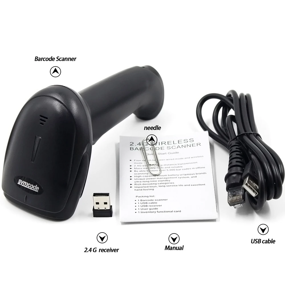 1D CCD Bar Code Scanner Wireless Reader,2.4GHz and USB Wired 2-in-1,16MB Memory Store 50K+ Barcodes Data,Auto Sacnning Available