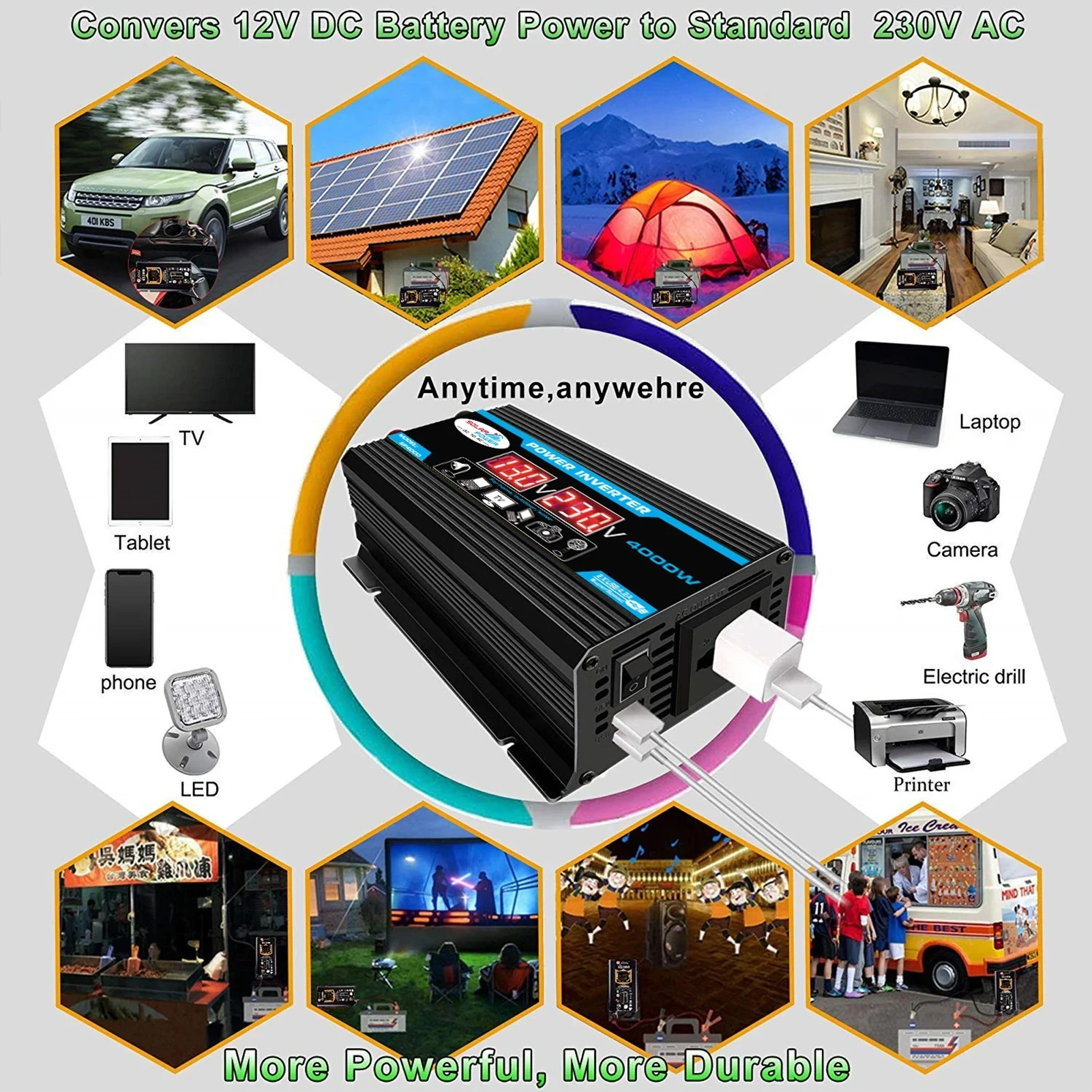 Car Power Inverter 12v to 220v 110v 4000w Volts Converter Modified Sine Wave Dual USB Charging