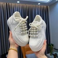 Thick Bottom Pearl Embellished Women's Sport Shoes Casual Trendy Rubber Outsole Synthetic Upper Versatile Platform Sneakers
