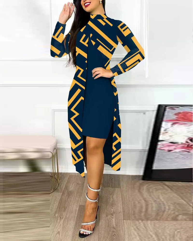 Casual O-neck Long Sleeve Dress Office Lady Spring Autumn Fashion Elegant Geometric Print Slit Dresses For Women 2023 Female
