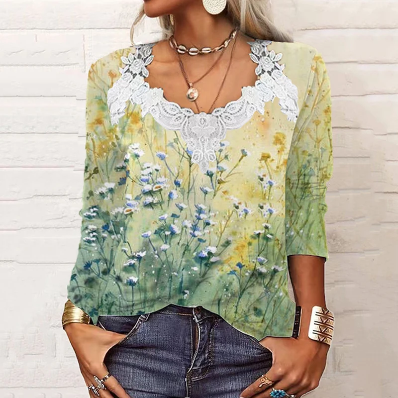 

Fashion Lace Patchwork Neckline Long Sleeve Women T-Shirt Elegant Print Floral Temperament Top Causal Office Pullover Shirt Lady