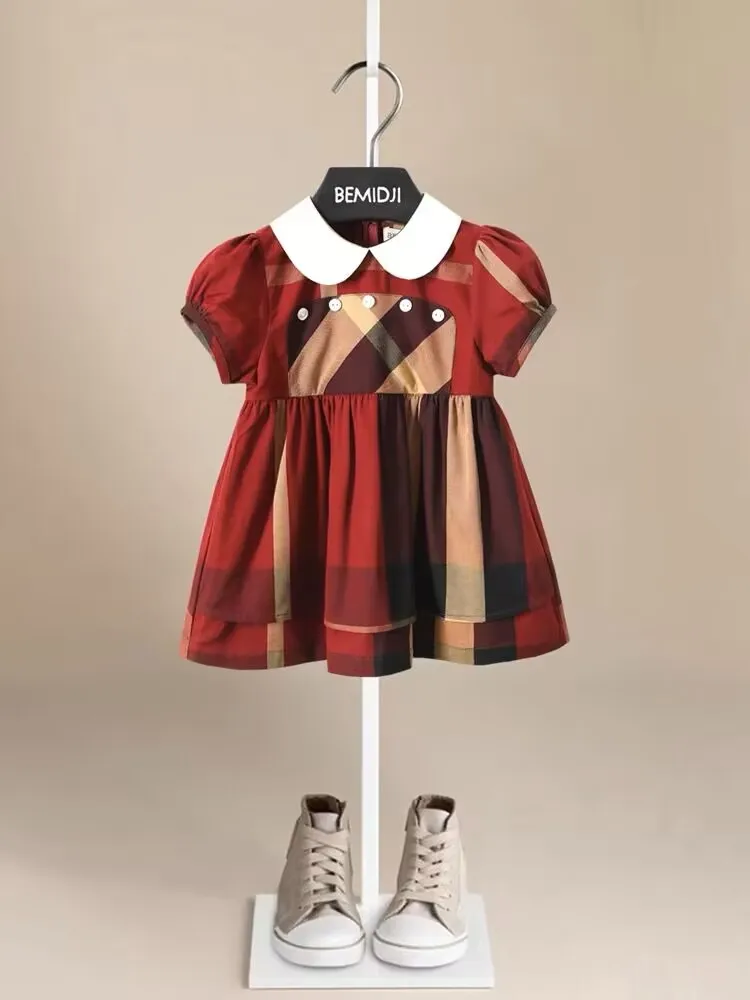 

Brand Summer Blue Girls Western Style Striped Princess Dress Sweet Cute Children's Dress Short Sleeved Cotton Children's Dress