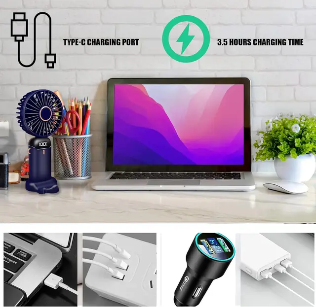 Handheld Fan,Foldable Desk Desktop Type-C Rechargeable Fans with Lanyard and Base, Mini Fan with LED Display 5
