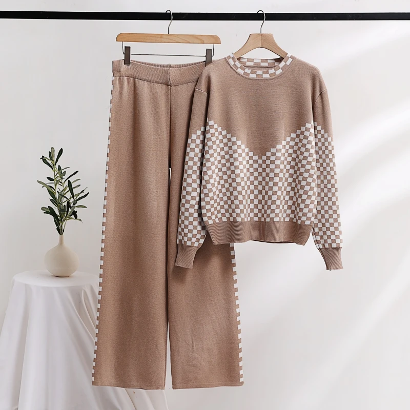 

New Knitted Plaid Patchwork Two Piece Set For Women Autumn Winter Long Sleeve Pullover Sweater + Wide Leg Pants Sets Tracksuit