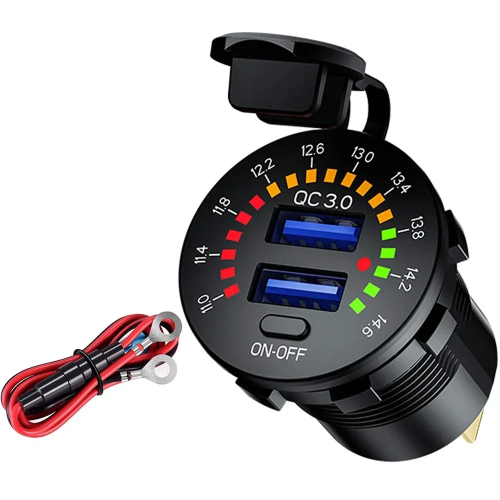 Ursuniot 36W Dual USB QC3.0 Car Charger 12V Motorcycle Power Outlet Quick Charging Port Socket with Colorful Digital Voltmeter new qc 3 0 usb charger socket power outlet digital voltmeter ammeter monitoring for car boat marine rv motorcycle