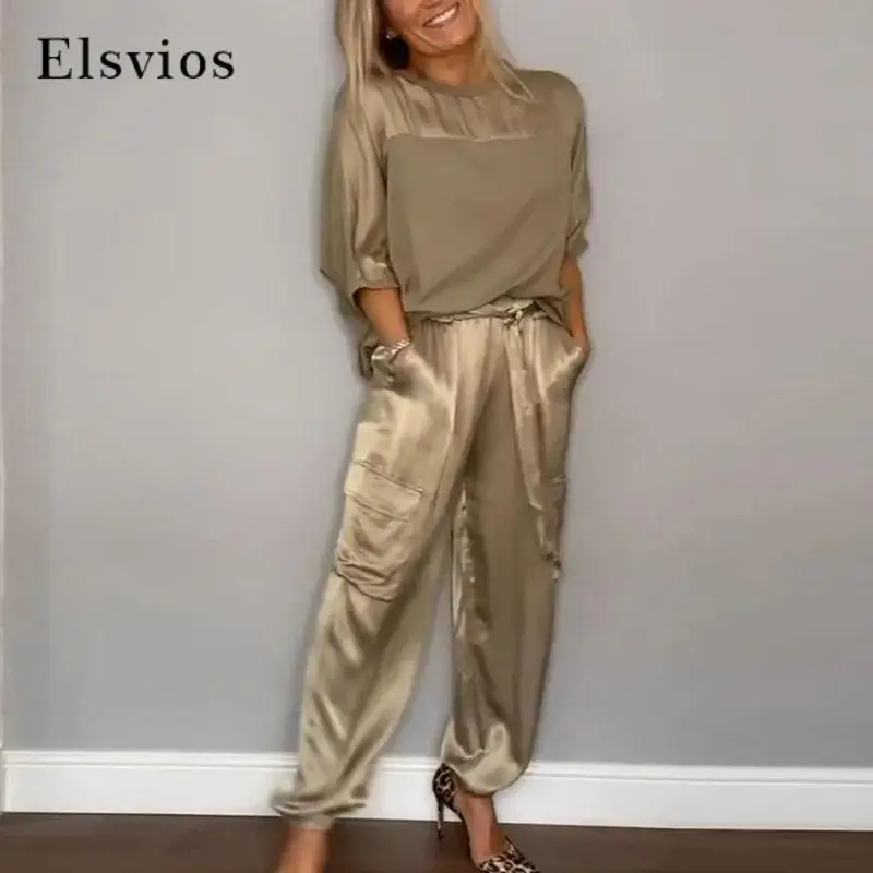 

Summer Casual Satin Comfort Suit Women's O-Neck Half-Sleeve Top And Pants Fashion Street Loose Versatile Pullover Two-Piece Set