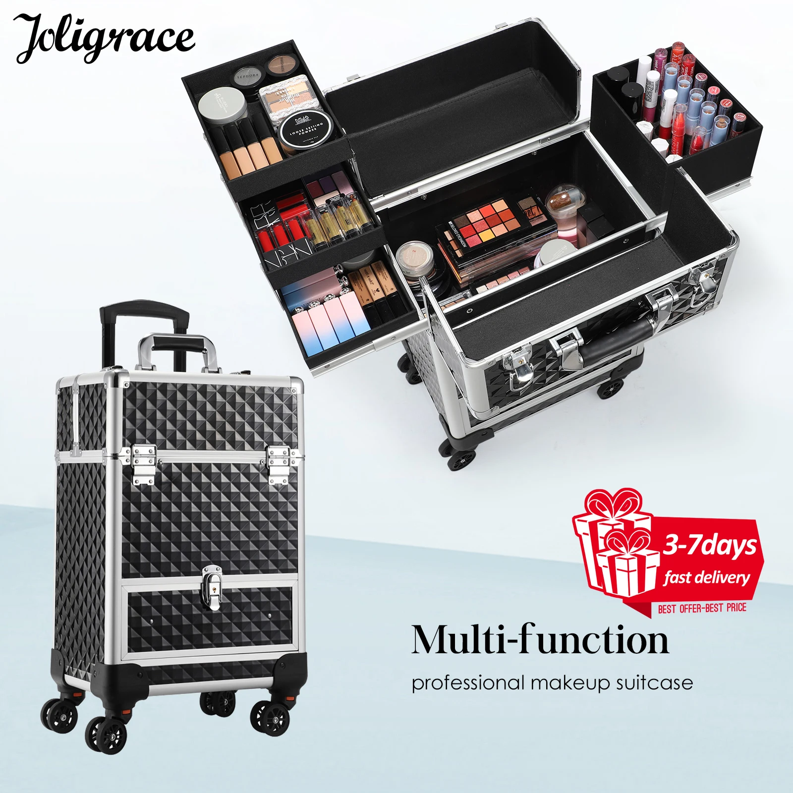 Professional Makeup Suitcase with Wheels Large Storage Cosmetic Trolley with Slide Drawer Lock Rolling Make-up Case Nail Tech