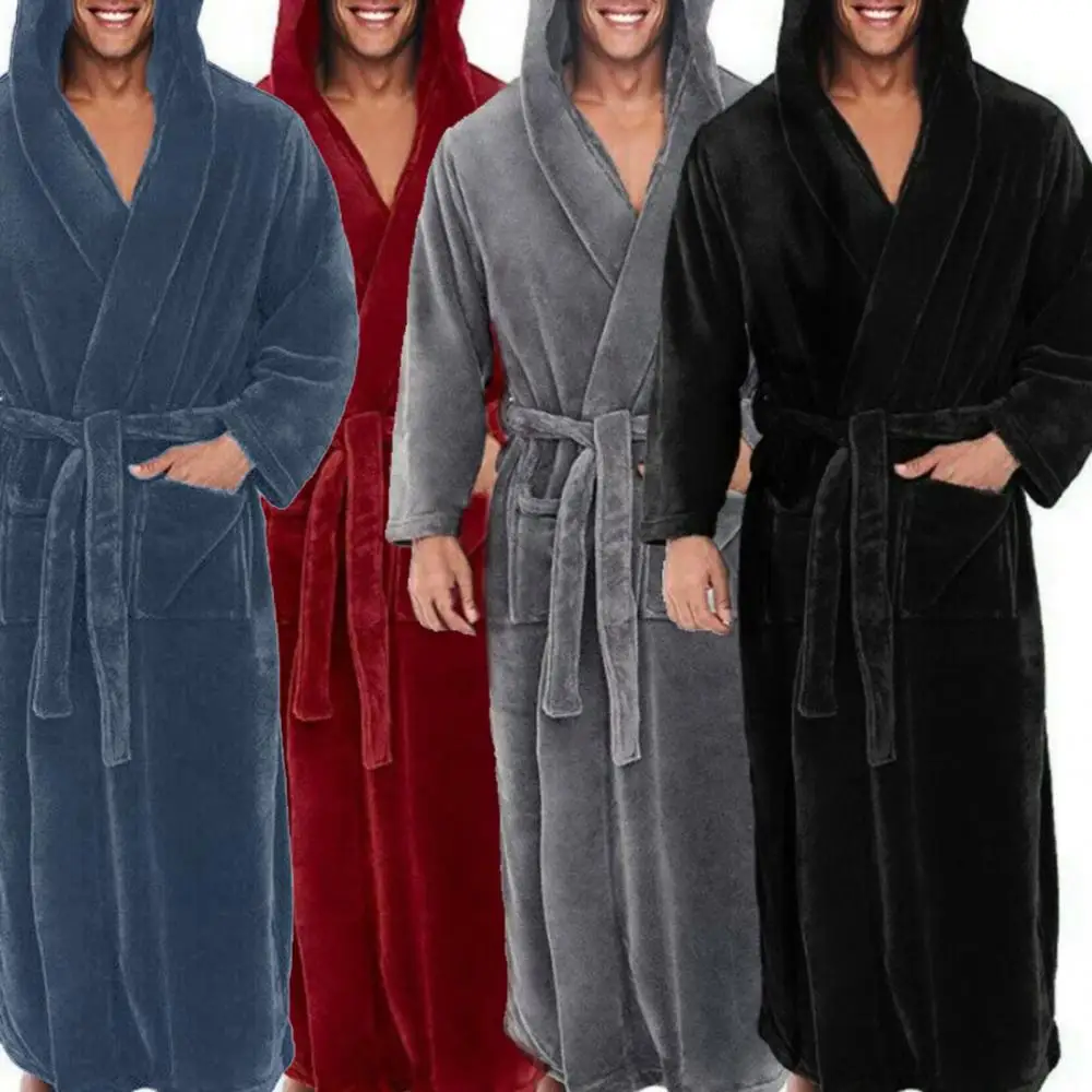 Men Soft Coral Fleece Solid Color Pockets Long Bath Robe Home Gown Sleepwear Plus Size Loose And Comfortable Home Wear