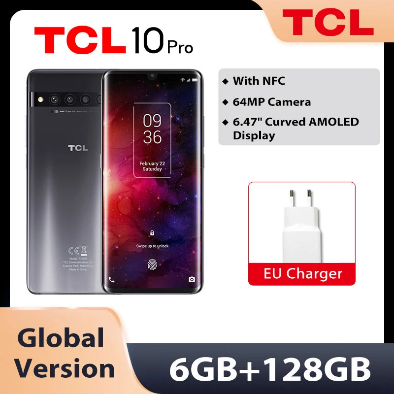 Original TCL 10 Pro Smartphone 6GB/128GB NFC 64MP Camera Snapdragon675  6.47 " Curved AMOLED Screen Android 10 4500mAh Battery