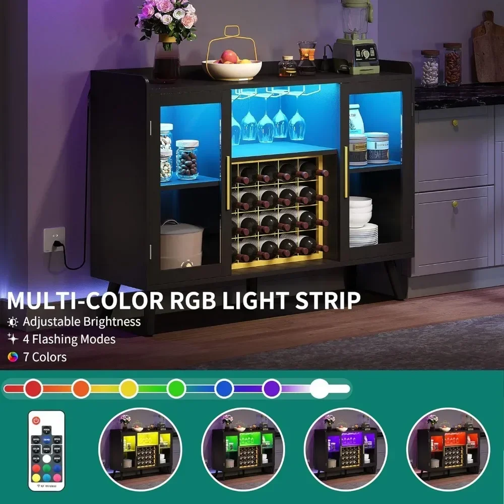 Wine Bar Cabinet With Led Lights & Power Outlets, 53" Coffee Bar Cabinet For Liquor And Glasses, Modern et Sideboard With
