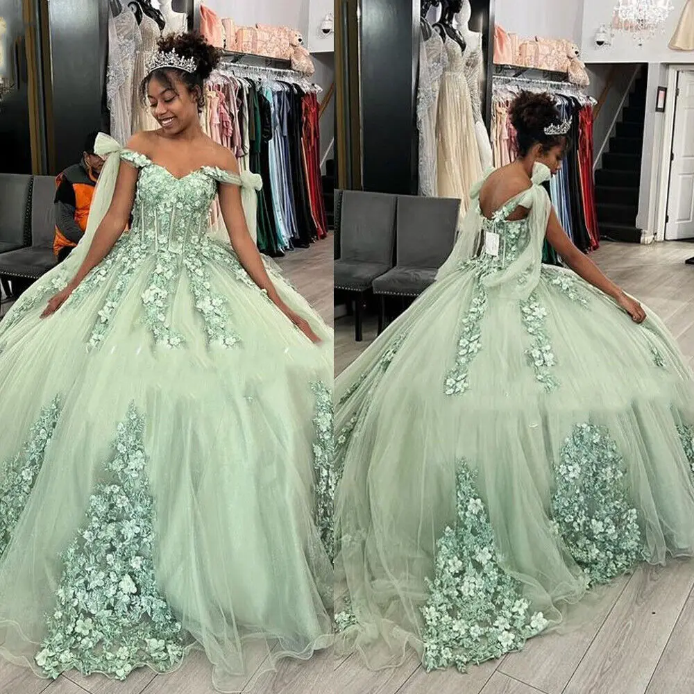 Sage Green Quinceanera Dresses 3D Floral Cape Sleeves Prom Ball Gowns Sweet  16 | eBay