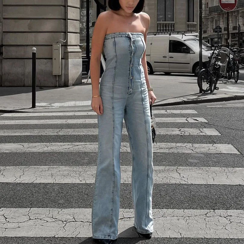 

Woman Fashion Denim Slim Strapless Jumpsuit 2023 Spring Girls High Waisted Jumpsuits Female High Street Straight Pants