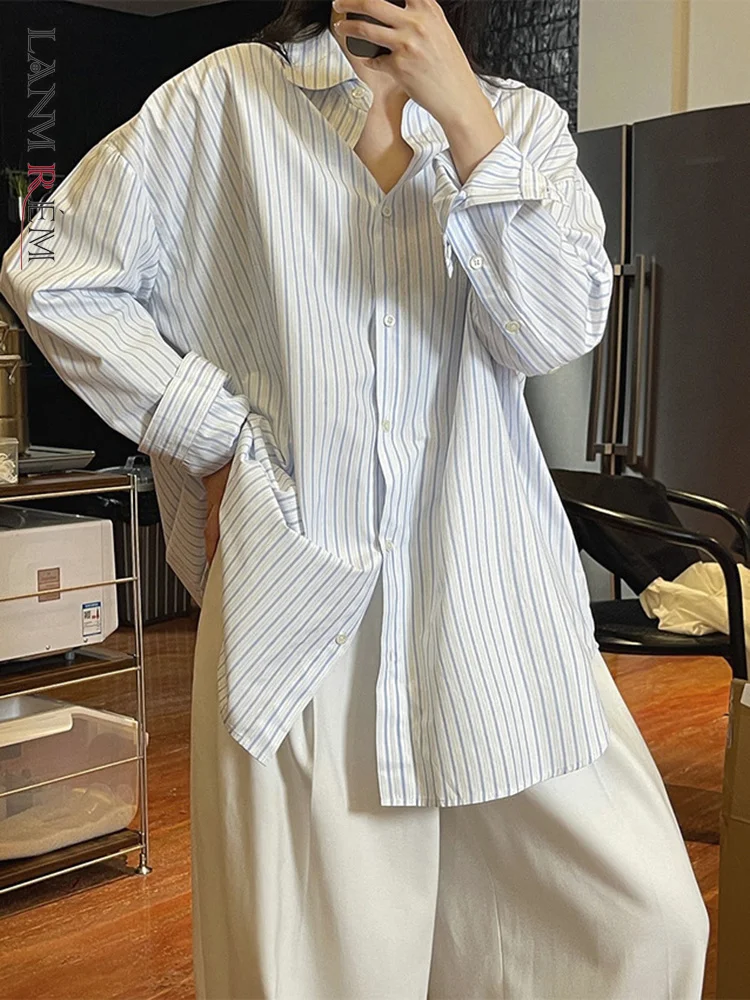 

Модная полосатая рубашка LANMREM для женщин, Новинка осени 2023, однобортные свободные женские топы с лацканами, простота, одежда 26D354