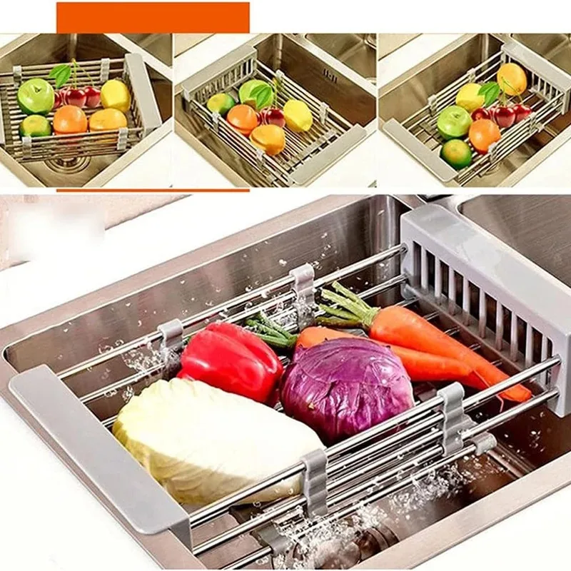 Home Kitchen Retractable Stainless Steel Drain Basket Kitchen Cutting Board Tray Sink Countertop Drain Basket Dish Drying Rack