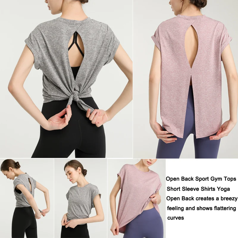 VITALINOVO Women's Workout Tanks Tie Back Short Sleeve Shirts Yoga Athletic Open Back Sport Gym Tops Breathable Gym T Shirts 5
