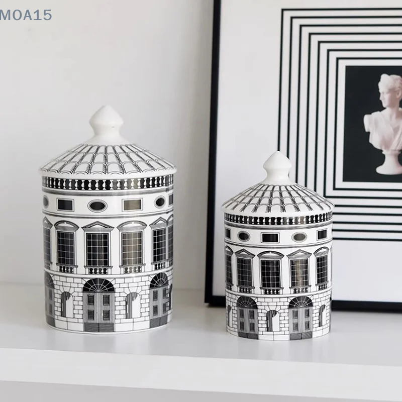 

Black And White Building Storage Jars Candy Box Delicate Desktop Jewelry Cosmetic Storage Jar Cotton Swab Bottle Home Decoration