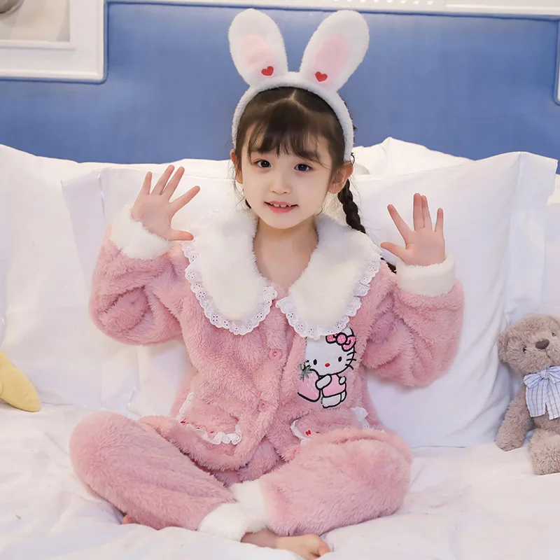 

Sanrio Pikachu Hello Kitty Flannel Pajamas Cartoon KT Home Clothes 2 Piece Set Children Soft Plush Sleepwear Cardigan Tops Pants