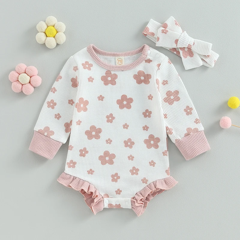 2-teiliges Herbst-Outfit für Babys, Mädchen, langärmelig, Blumendruck, Rüschen, Strampler mit Stirnband, Set, Säuglingskleidung – Detail 8