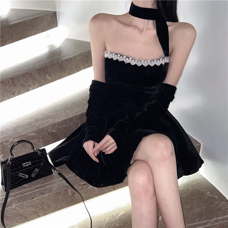 French Vintage Strapless Mini Dresses Women Lace Patchwork A-line Evening Party Dress Korean Fashion Y2K Mini Vestidos Mujer