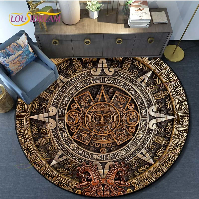 

Ancient Mayan Calendar Round Carpet Soft Flannel Sofa Bedroom Area Rugs Flannel Anti-slip Bedside Carpets for Living Room