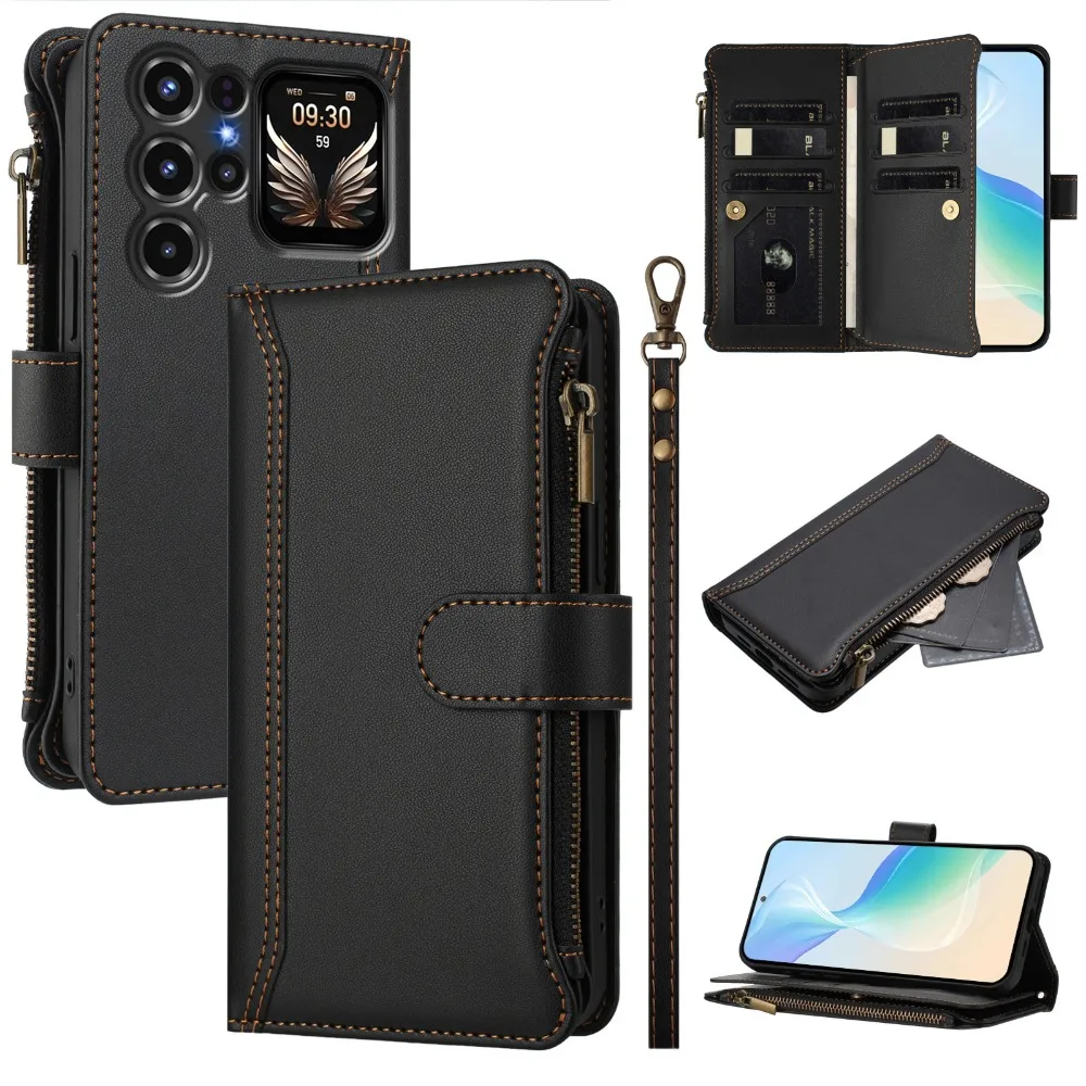 9-Card Zipper Leather Flip Crossbody Wallet Case