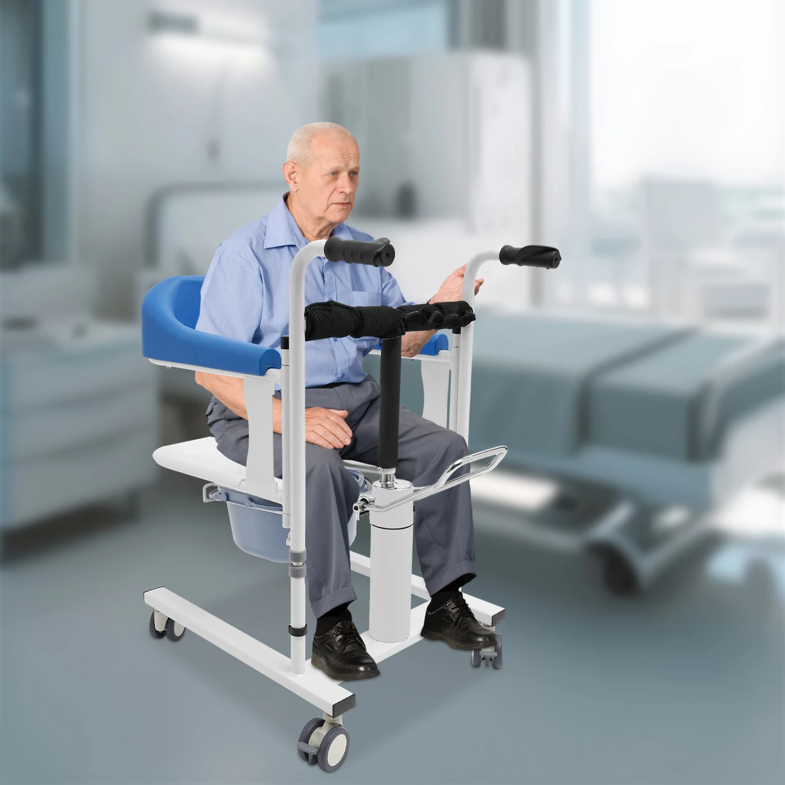 Hydraulic Patient Lifting Chair with Potty, Transfer Wheelchair Lightweight Transport with 180° Split Seat for Elderly, Disabled 2