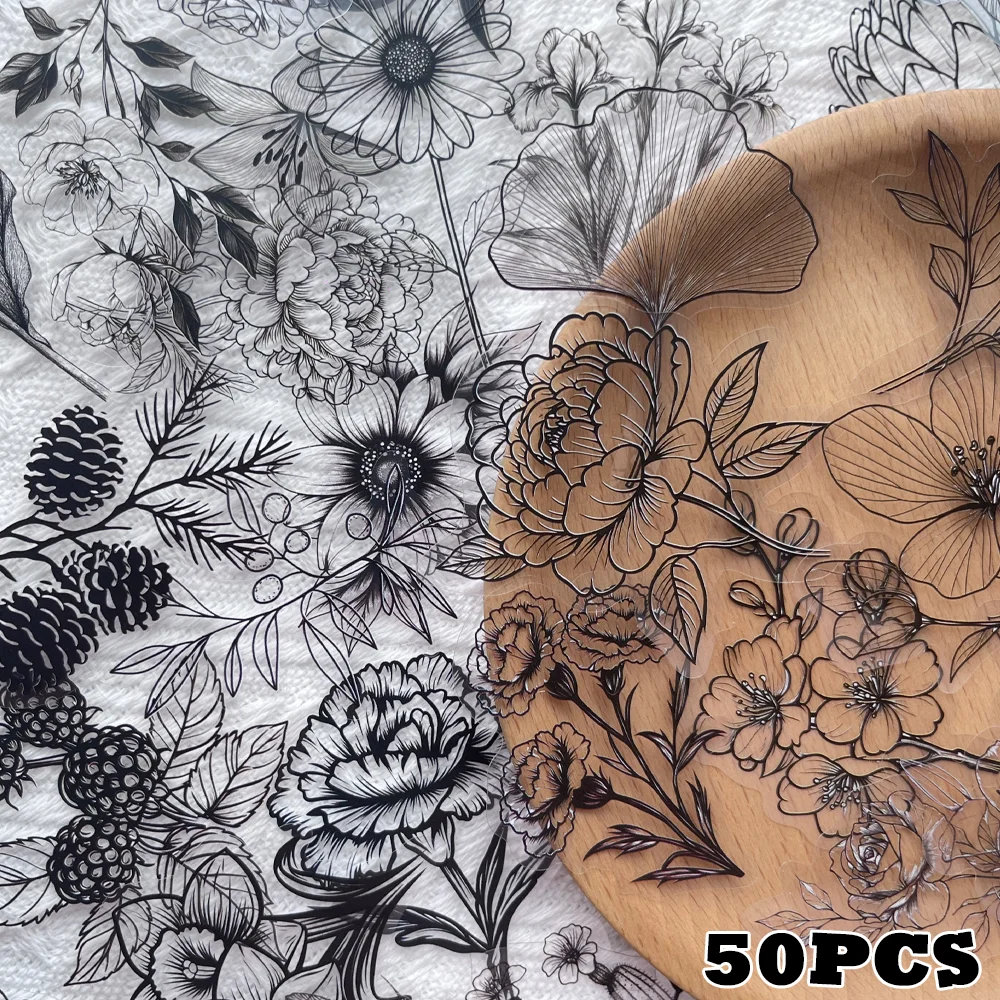 50 Stück Schwarz-Weiß Pflanzenaufkleber Einfache Linien Blumen Wasserdicht Dekorativ Laptop Scrapbook Tagebuch DIY Blumentopf-Aufkleber