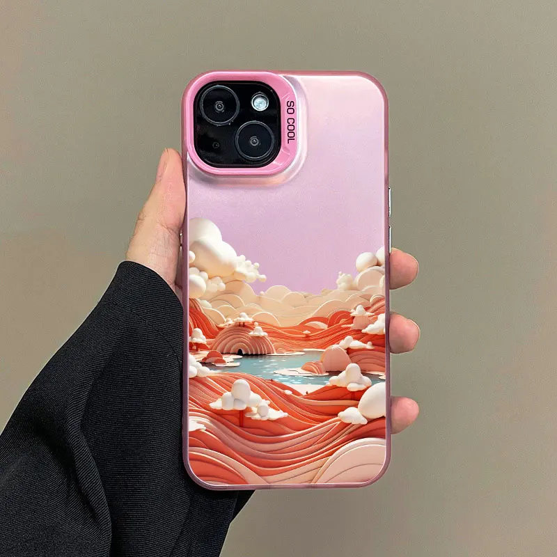 Creative Mountains Landscape Scenery Pink Shockproof Laser Phone Case