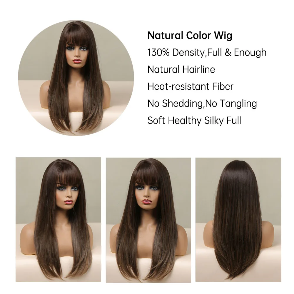 EASIHAIR Brown Straight Synthetic Wigs with Bangs Natural Layered Hair Wigs for Women Daily Cosplay Party Heat Resistant Fibers