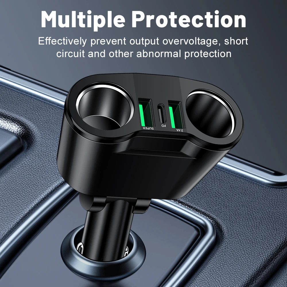 Multi Port USB Car Phone Charger Adapter with Voltage Display Extend Port Super PD Fast Charge for iPhone Samsung