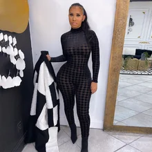 

Zoctuo 2022 Spring Summer Women Houndstooth Print Long Sleeve Velvet Jumpsuit Skinny Sexy Streetwear Sportswear Rompers Casual
