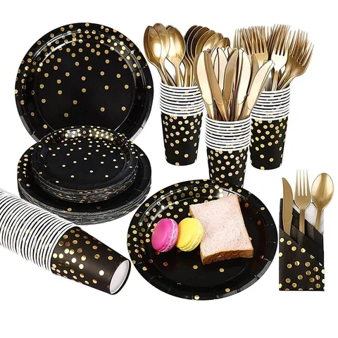 

Gold Black Disposable Tableware Plate Straws Paper Cup Birthday Party Tableware Baby Shower Wedding Party Decor