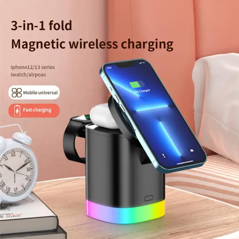 

3-in-1 Wireless Charger Magnetic Charging Station Folding 15w Stand Dock Phone Accessories With Rgb Light
