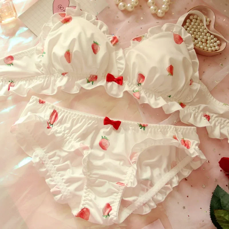 

Strawberry Cute Japanese Milk Silk Bra & Panties Set Wirefree Soft Underwear Set Kawaii Lolita Bra and Panty Set Pink Lingerie