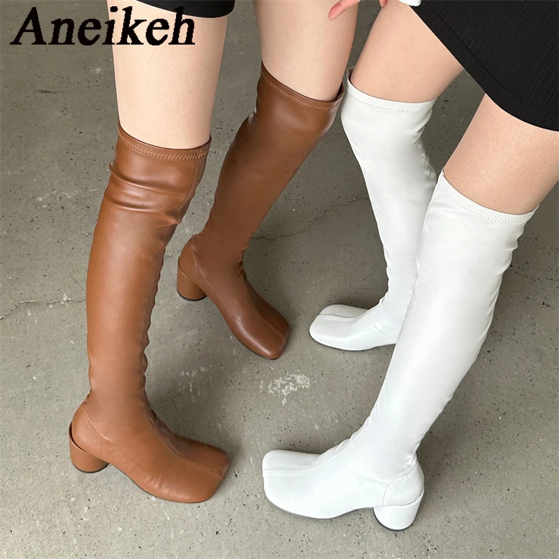 

Aneikeh 2024, модные сексуальные эластичные сапоги выше колена с квадратным носком, женские ботинки челси из искусственной кожи на круглом каблуке, модные женские ботинки в римском стиле