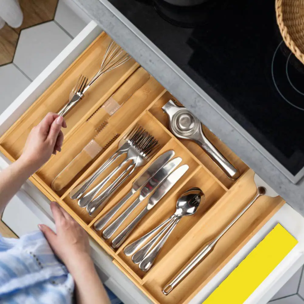 Stationery Drawer Organizer Adjustable Chopsticks Knife Fork Cutlery Drawer Organizer Elegant Bamboo Cutlery Tray for Neat 2
