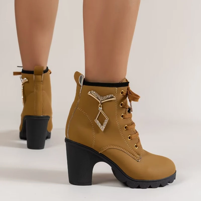 

Ankle Boots for Women 2023 New Rome Women's Boots Round Toe Platform High Heels Comfortable Chunky Heel Office Ladies Shoes
