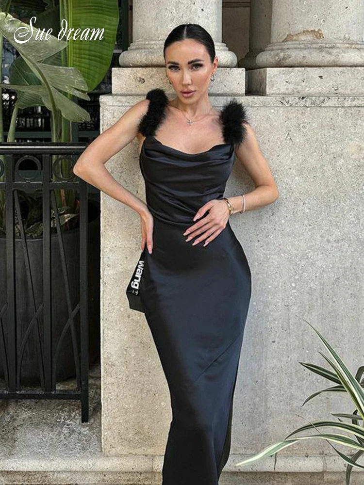 

Women Elegant Party Club Evening Birthday Bodycon Streetwear Long Dress 2023 Summer Sleeveless Feather Slim Fit Dress Wholesale