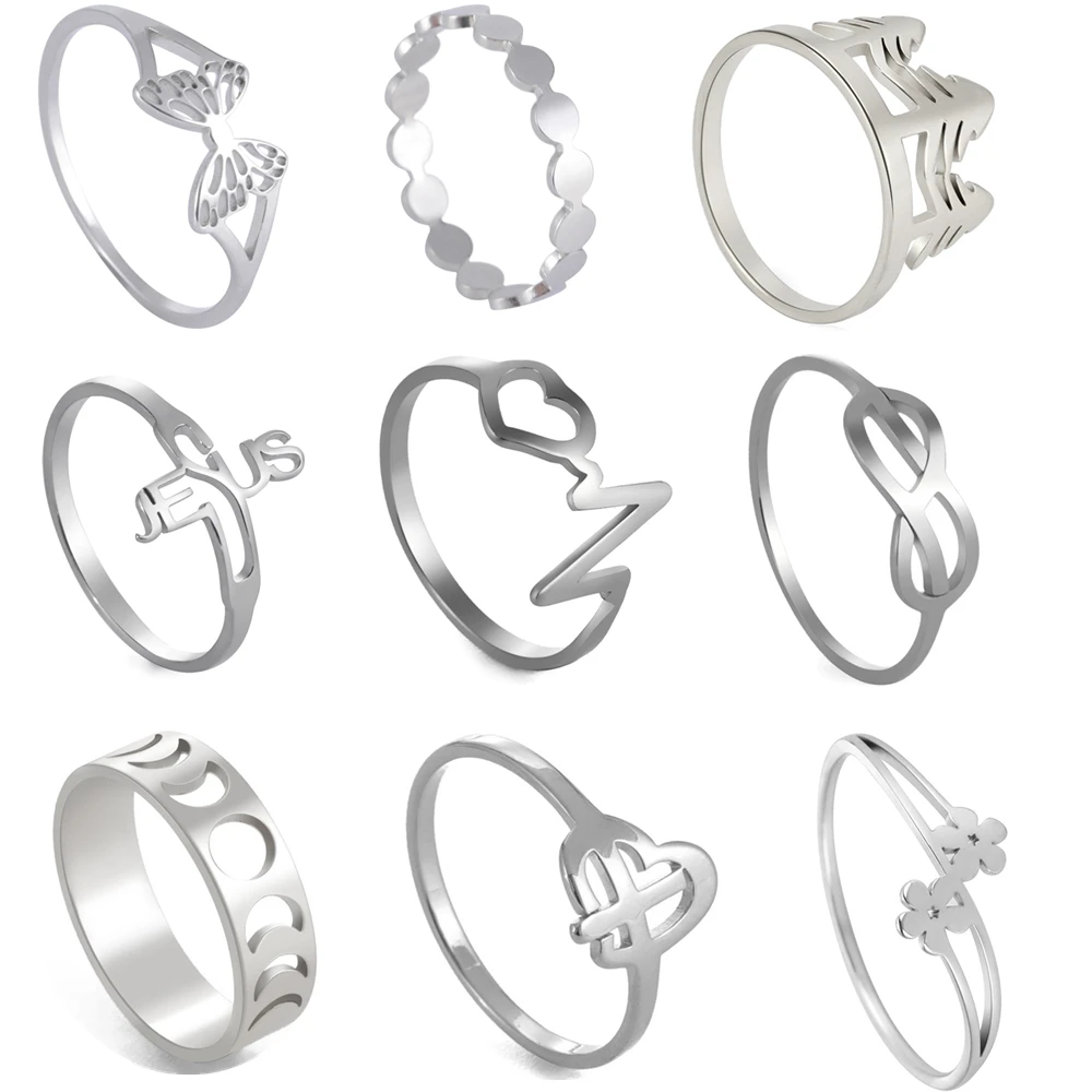 Jesus Kreuz Schmetterling Unendliche Symbol Blume Mond frauen Ringe Edelstahl Mode Hochzeit Casual Ring Weiblichen Schmuck Geschenk
