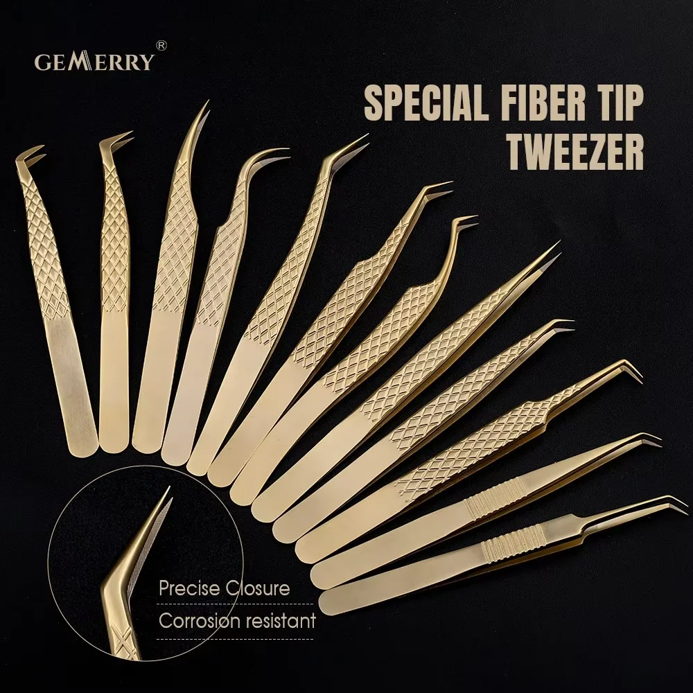 Eyelash Tweezers 1 Pcs Fiber Tips Golden Stainless Steel High Precision Tweezer For Volume Fans Makeup Tools