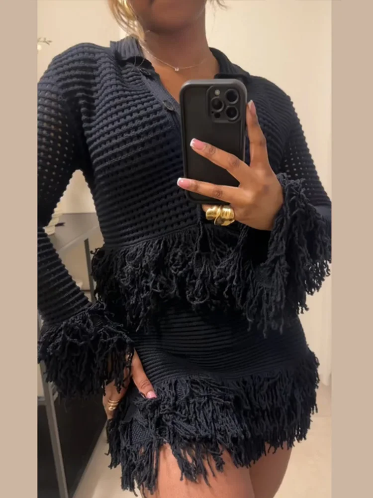 Tassel Knitted Top Coat Wrap Hip Skirt Set Fringe Hollow Out Grid Knitwear Lapel Women Crochet Knit Sweater Jacket Short Skirts