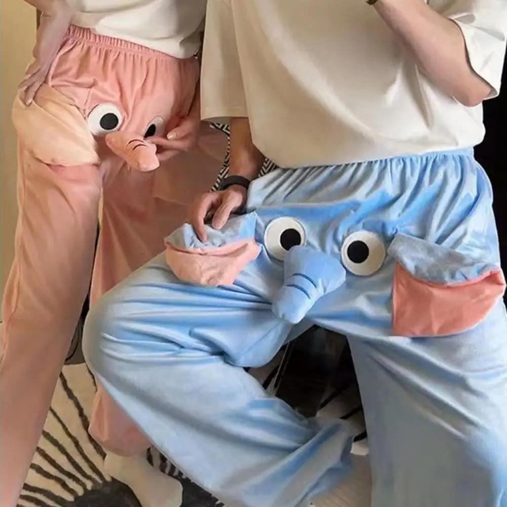 Flannel Pajama Pants Women Men Cartoon Elephant Nose Plush Pajama Bottoms Homewear Plush Lounge Trousers Couple Pajamas Pants_ecoleips.com