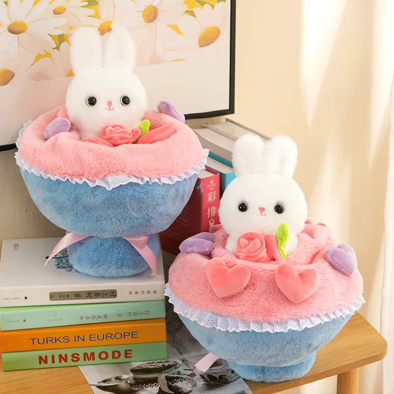 Cute Rabbit Flowers Plush Toys Handmade Pink Girls Stuffed Doll Kids Lovely Soft Pillows Christmas Birthday Gifts For Children