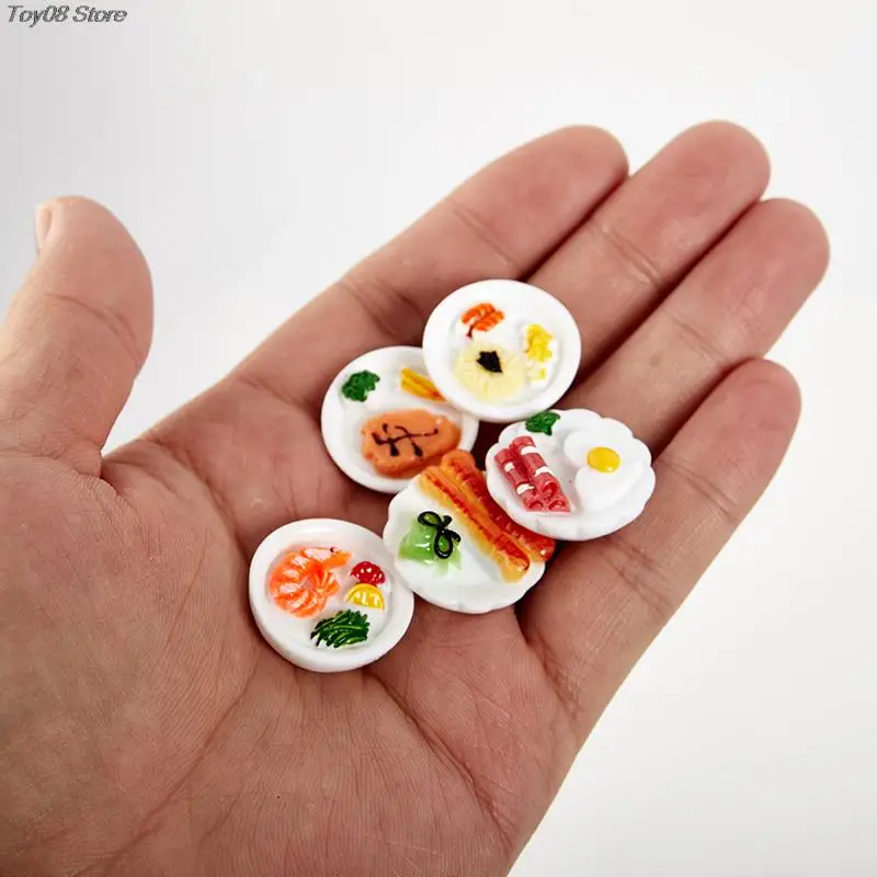 5pcs 1/12 Dollhouse Miniature Breakfast Plate Egg Bread Simulation Food Model Ornaments Dolls House Accessories pretend food toys,doll house toys