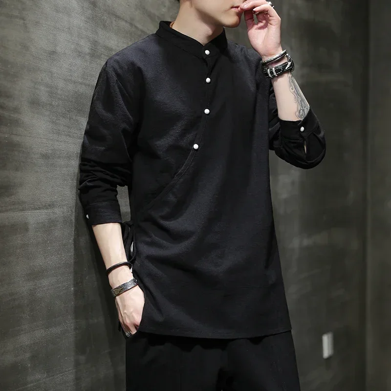Mens Chinese Style Hemp Shirt Cotton Linen Tang Suit Hanfu Retro Stand-Up Collar Zen Clothes Harajuku tops Clothes Men Clothing cotton shirt